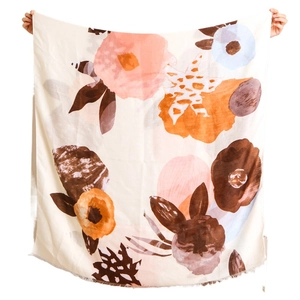 Ethnic style ink painting scarf with large floral patterns and fringe edge for women