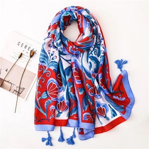 Floral Print Long Scarf With Tassels Bohemian Exotic Shawl For Women Sun Protection Travel Cotton Polyester Wrap