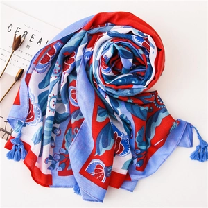 Bohemian floral cotton linen scarf with red and blue exotic print and tassels