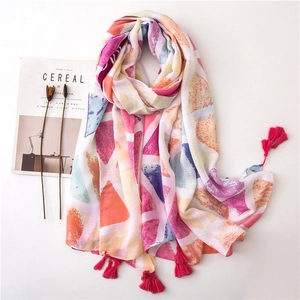 Damen Bunter Geometrischer Dreiecksdruck Schal Satin Baumwolle Polyester Schultertuch Mit Quasten Strand Urlaub Sonnenschutz