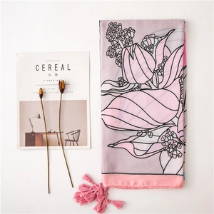 Pink tulip print cotton linen scarf with elegant fringe for summer beach protection