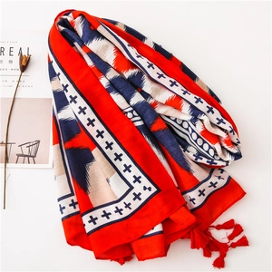 Red and navy geometric print cotton linen scarf with handmade tassels for beach vacation