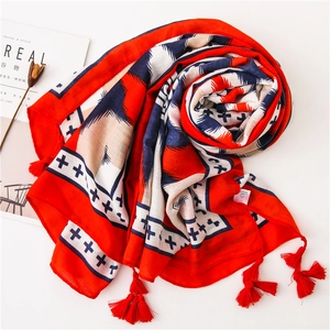 Red and blue geometric printed cotton linen scarf with handmade tassels for beach vacation