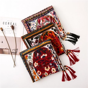 Bohemian Paisley Print Shawl Scarf Large Retro Cotton Linen Feel Polyester With Wood Bead Tassels Sun Protection Cover Up