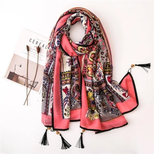 Pink bohemian floral linen scarf with wooden beads and black tassel edges for beach