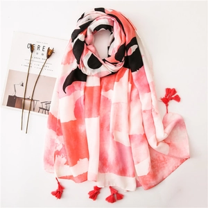 Women Fashion Scarf Shawl Cotton Blend Watercolor Tie Dye Letter Print Tassels Lightweight Sunscreen Beach Wrap