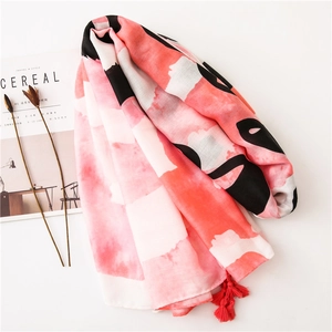 Pink and white gradient cotton linen scarf with red tassels and abstract art patterns