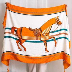 Large Scarf Shawl Polyester Satin Texture Horse Print With Tassels Beach Sunscreen Wrap For Women Retro Art Style
