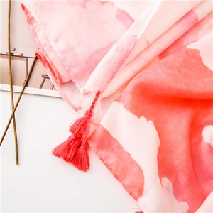 Pink and white gradient cotton linen scarf with soft tassels for beach sun protection