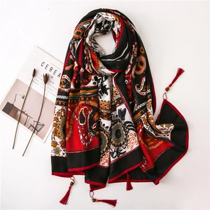Ethnic paisley cotton linen scarf with red tassels and colorful mandala print shawl