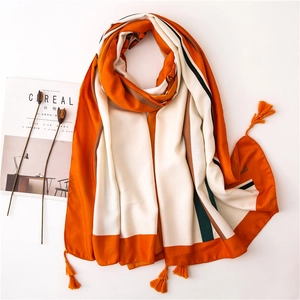 Linen silk scarf with orange tassels and geometric pattern for women beach sun protection