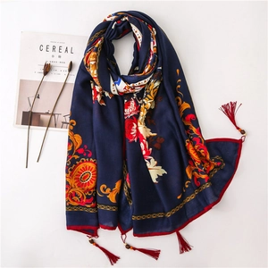 Peony floral linen scarf in navy blue with red tassels and bohemian wood bead details