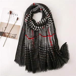 British Style Plaid Scarf For Women Black White Red Checkered Shawl With Tassel For Travel Fashion Cotton Linen Blend