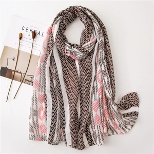Chic long striped scarf for women with tassels in brown and pink, elegant cotton-linen feel
