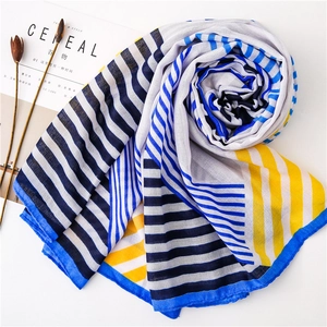Detailed close-up of blue and yellow striped cotton scarf with fine stitched edges