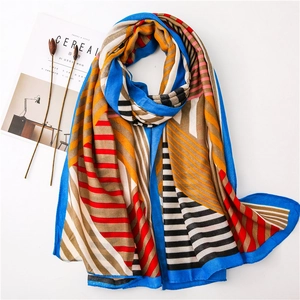 Colorful geometric pattern long scarf shawl with red and blue color block design