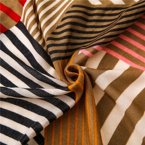 Macro shot of colorful geometric stripe scarf showing detailed soft knit texture and fiber weave