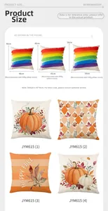 Size guide for fall harvest pillow covers in three dimensions with pumpkin pattern details
