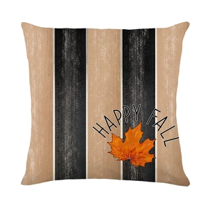 Square pumpkin pillowcase with vertical stripes, maple leaf print, and Happy Fall text