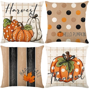 Set of four autumn pumpkin pillow covers with harvest themes and thankful quotes