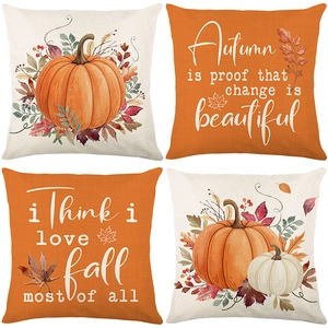 Set of four autumn harvest pillow covers featuring pumpkins, maple leaves, and fall quotes