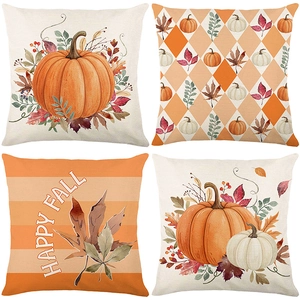 Set of 4 fall harvest pillow covers with pumpkins and Happy Fall text for home decor