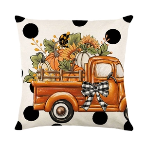 Federa per cuscino Halloween con camion di zucche e girasoli su fondo a pois bianchi