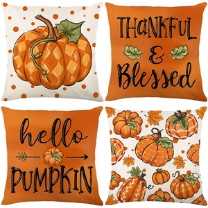 Set of 4 autumn Thanksgiving pillow covers with pumpkin patterns and maple leaves