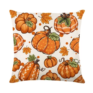 Polyester pumpkin print pillow cover with autumn maple leaves for harvest festival decor