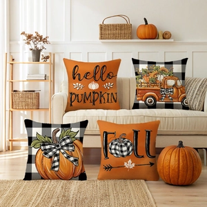 Taie d'Oreiller Décorative Citrouille d'Automne Halloween Polyester Carreau Buffalo Housse de Coussin Camion Décor de Fête