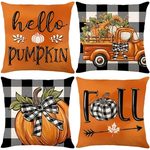 Lot de 4 housses de coussin automne avec motifs citrouilles et carreaux de buffle