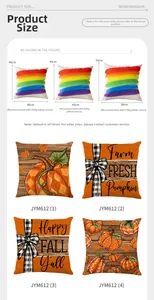 Size chart for pumpkin pillow covers in 40cm, 45cm, and 50cm with insert weight guide