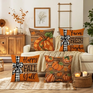 Autumn pumpkin throw pillow covers set of 4 on a beige sofa for seasonal home decoration
