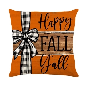 Orange Fall pillow cover with Happy Fall Y'all text and black white plaid ribbon pattern
