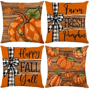 Set of 4 autumn pumpkin throw pillow covers with harvest motifs for home sofa decor