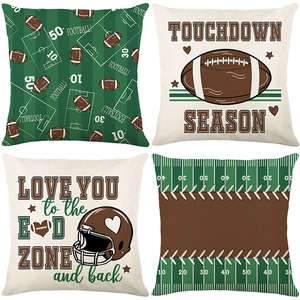Set of four American football throw pillow covers with green field and helmet designs