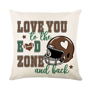 Square beige linen pillowcase featuring a football helmet and Love You to the End Zone text