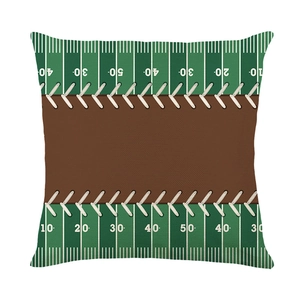 Square football throw pillow cover featuring brown leather texture and green field stadium design