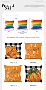Size chart showing dimensions for fall pumpkin and maple leaf printed pillow covers