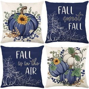 Set of 4 navy and white pumpkin sunflower fall decorative throw pillow covers