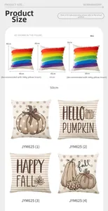 Size chart for pumpkin pillow covers showing dimensions from 40cm to 50cm with padding tips