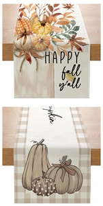Détail d'un chemin de table d'automne avec citrouilles aquarelles et lettrage festif