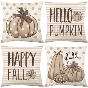 Set of four autumn harvest pumpkin pillow covers in beige linen for sofa decoration