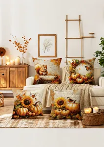 Detailed view of four autumn pumpkin print pillow covers arranged on a cozy sofa