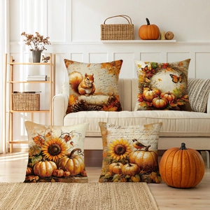 Autumn Harvest Pumpkin Squirrel Print Pillowcase Vintage Artistic Sunflower Cushion Cover Thanksgiving Home Decor Pillow Case