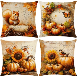 Set of four autumn pumpkin and squirrel printed cushion covers for harvest decor