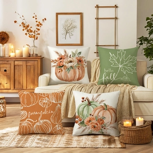 Pumpkin Maple Leaf Print Autumn Harvest Pillowcase Polyester Linen Texture Square Cushion Cover Fall Sofa Thanksgiving Decor