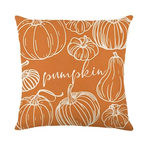 Orange autumn harvest pumpkin print pillow cover with white line art and pumpkin text