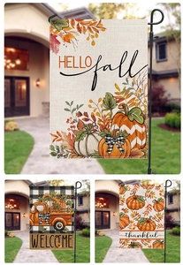 Three autumn garden flags with Hello Fall, Welcome truck, and Thankful pumpkin patterns