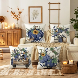 Lot de 4 housses de coussin d'automne avec citrouilles bleues et tournesols sur canapé